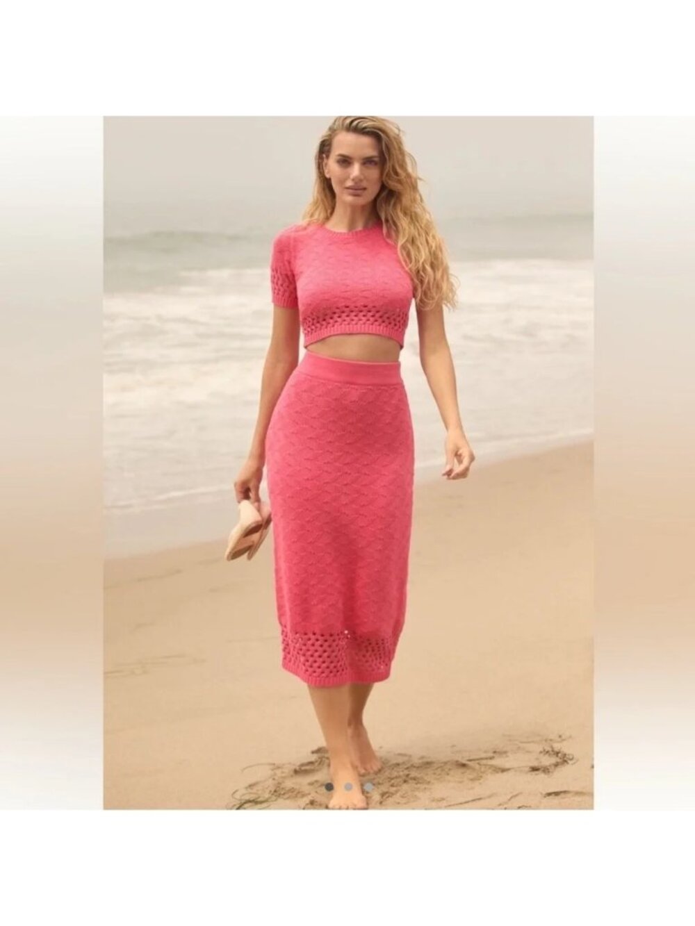 Peixoto Pink Crochet Midi Skirt